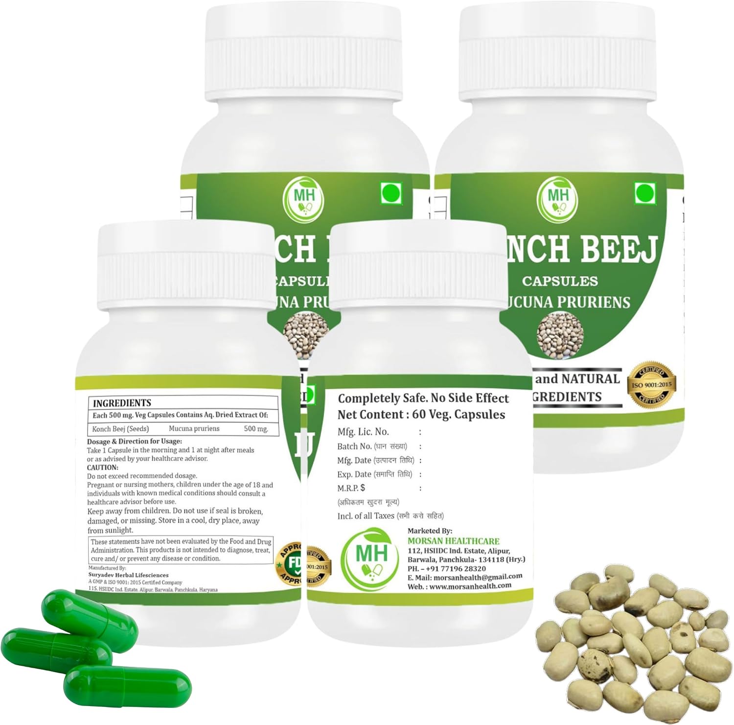 Morsan Kaunch (Konch) Beej Cápsulas – Mucuna pruriens 500 mg – 240 Cápsulas Veganas (Paquete de 4)