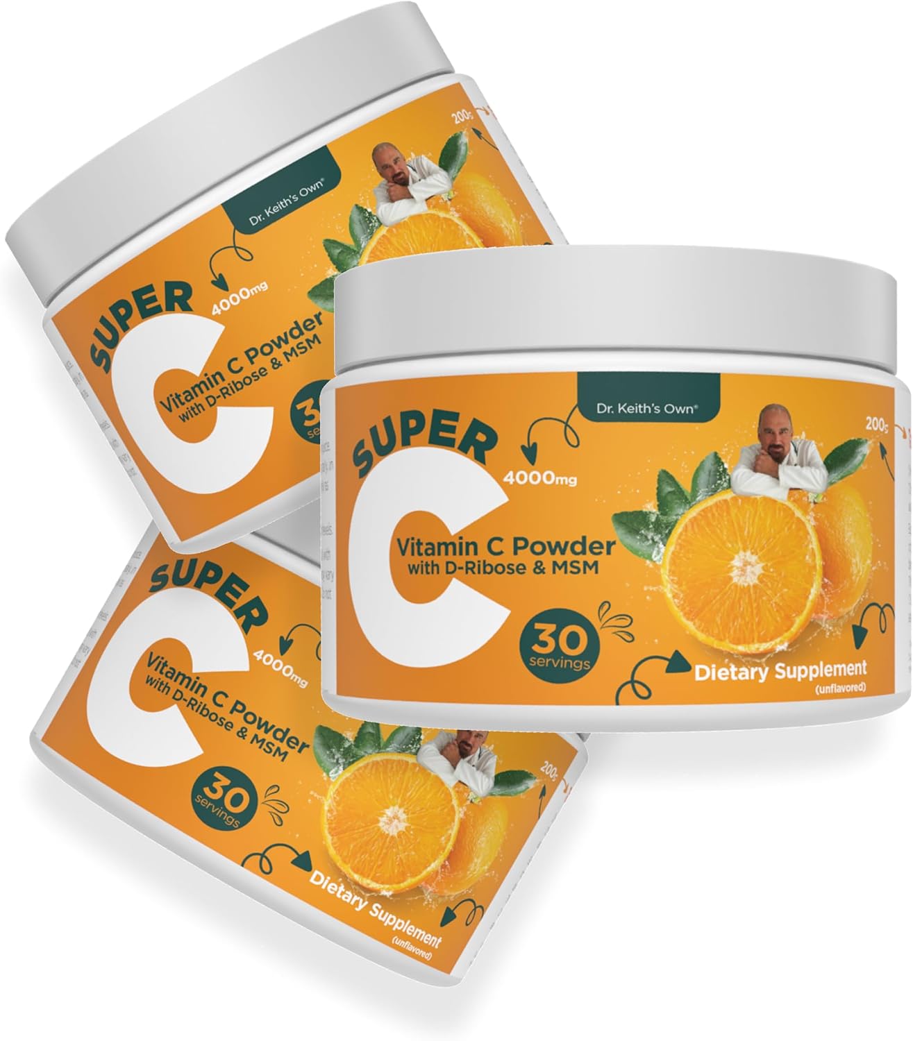 Dr. Keith's Own Super C - Vitamina C en polvo tamponada de alta dosis 4000 mg con D-ribosa, glicina y MSM - Fácil de absorber, suave para el estómago - Sin sabor, 200 g cada uno (paquete de 3)