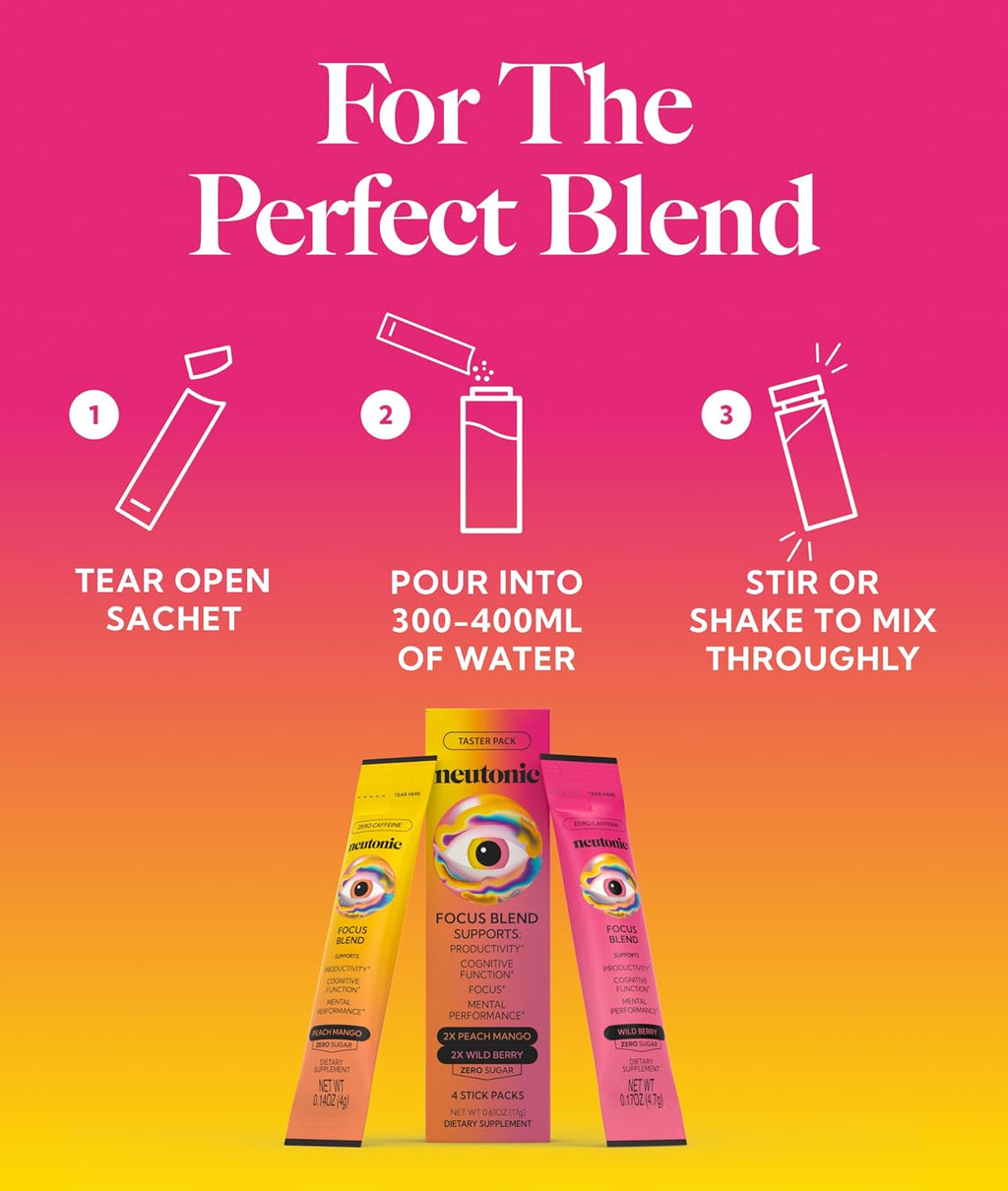 Neutonic Nootropic Focus Blend Powder - Peach Mango & Wild Berry (4 Sticks) | Sin Cafeína, Cero Azúcar