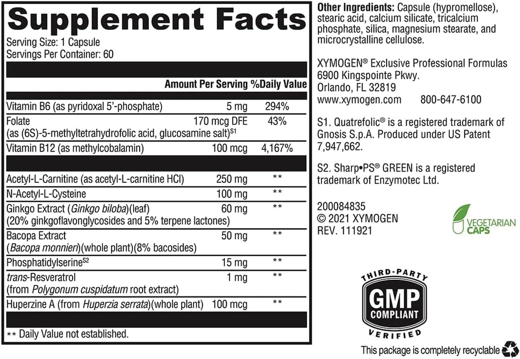 XYMOGEN MemorAll – Apoyo cerebral y memoria – Ginkgo Biloba, Bacopa y vitaminas B – 60 cápsulas