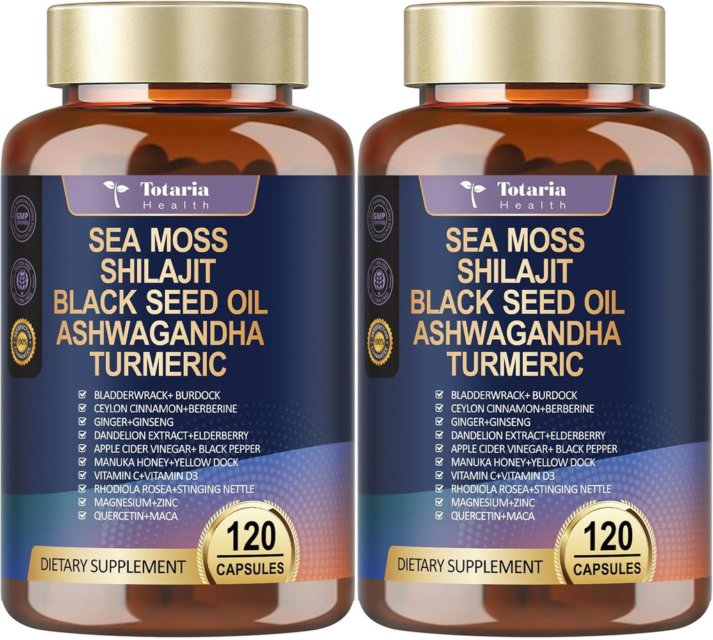 Suplemento 25-en-1 de Musgo de Mar, Aceite de Semilla Negra, Ashwagandha, Jengibre y Shilajit - 120 Cápsulas Veganas