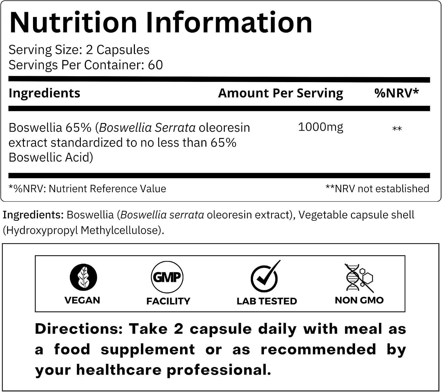 FOLIUS LABS Extracto de Boswellia Serrata 500mg (65% Ácidos Boswélicos) - 120 Cápsulas