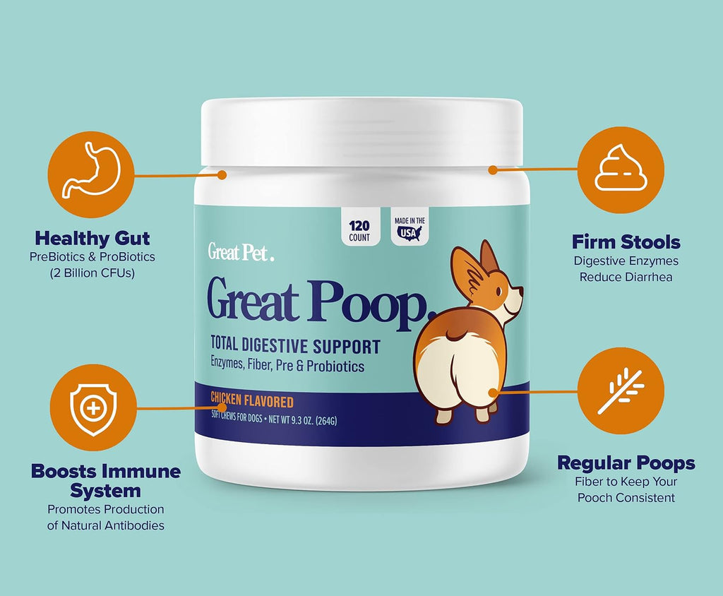 Probióticos para perros Great Poop - Fibra y enzimas digestivas para una salud intestinal óptima (120 masticables sabor pollo)