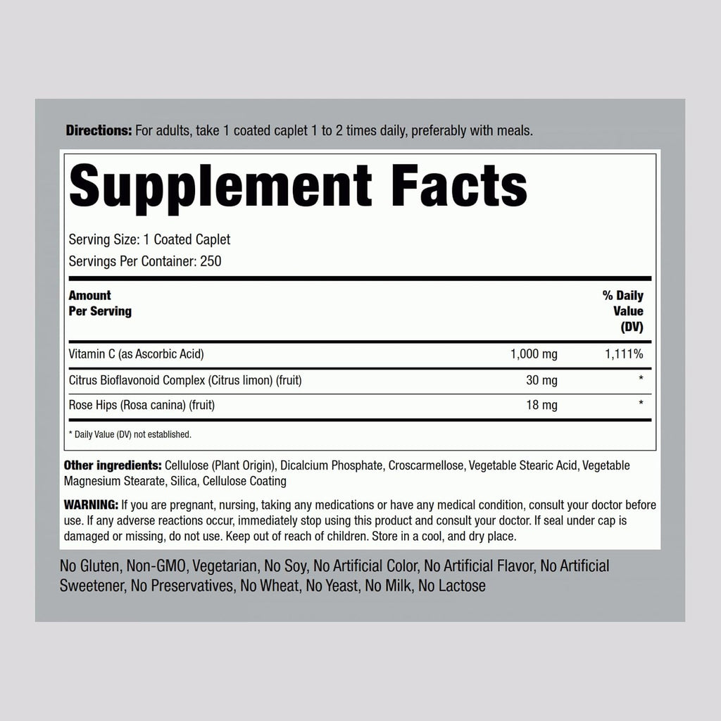 Piping Rock Vitamina C 1000 mg | 250 Caplets | con Bioflavonoides y Escaramujo | Vegetariano, No-OGM, Sin Gluten