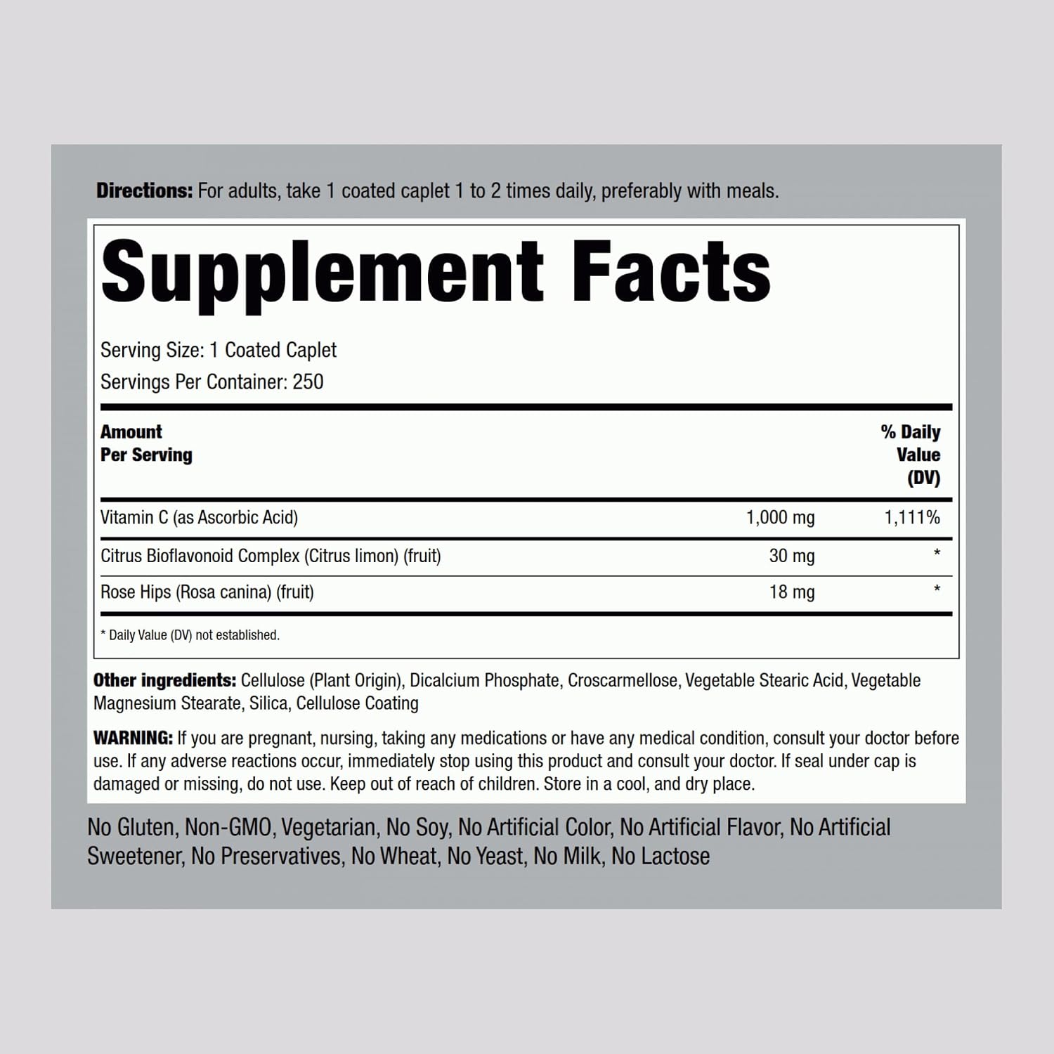 Piping Rock Vitamina C 1000 mg | 250 Caplets | con Bioflavonoides y Escaramujo | Vegetariano, No-OGM, Sin Gluten