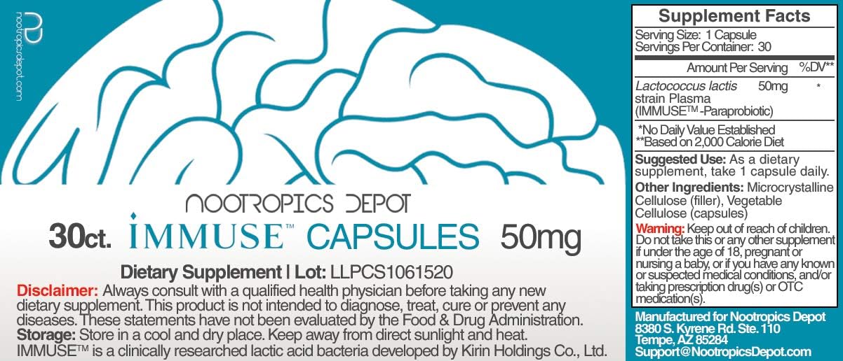 Nootropics Depot Immuse Cápsulas | 50mg | 30 Cápsulas | Paraprobiótico Lactococcus Lactis