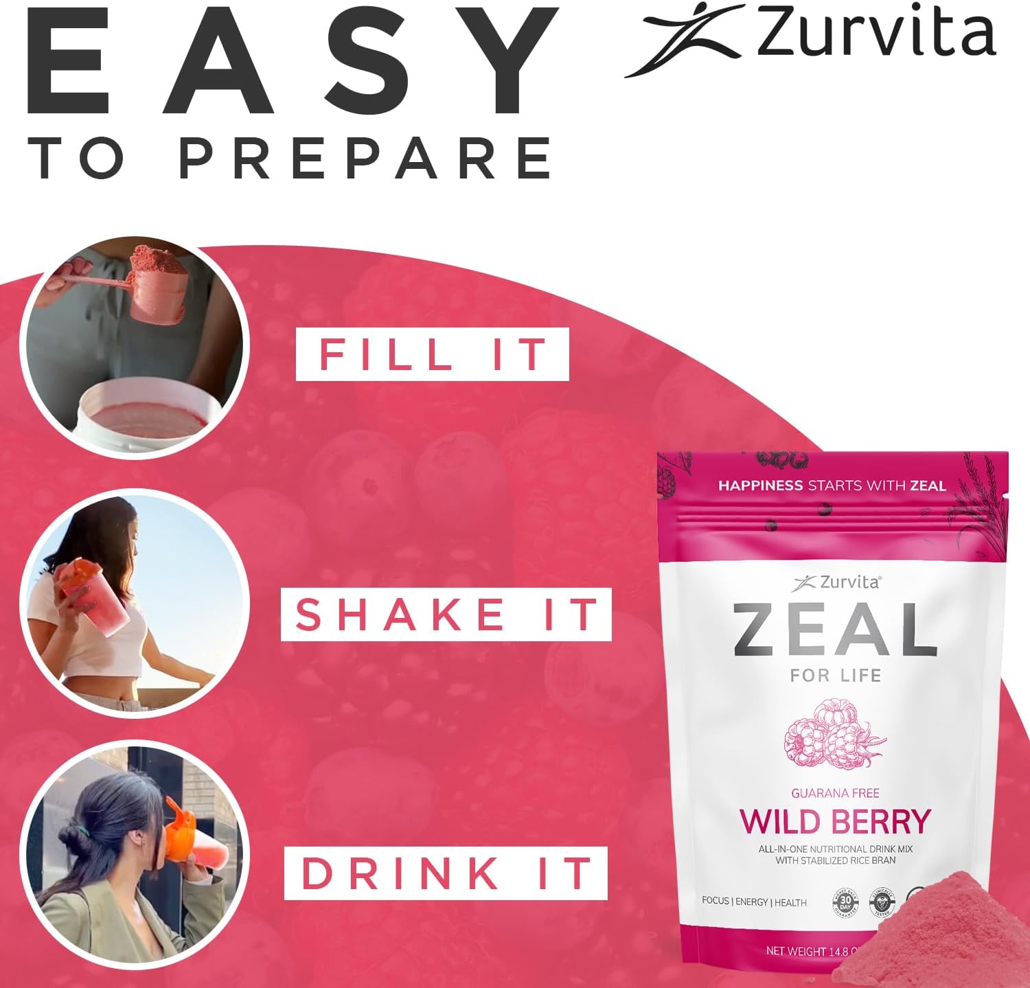 Zurvita - Zeal for Life Bolsa de Bienestar para 30 Días - Frutos Rojos Silvestres (Sin Guaraná) - Suplemento Nutricional