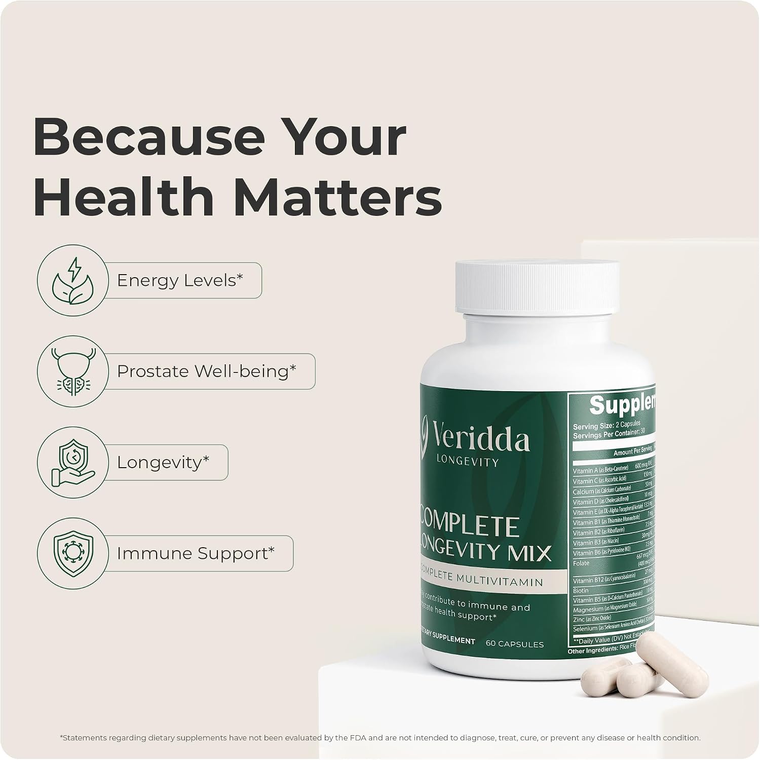 Complete Longevity Mix - Multivitamínico con Complejo B, Antioxidantes Naturales, Equinácea, Espirulina, Luteína, Licopeno - 60 Cápsulas