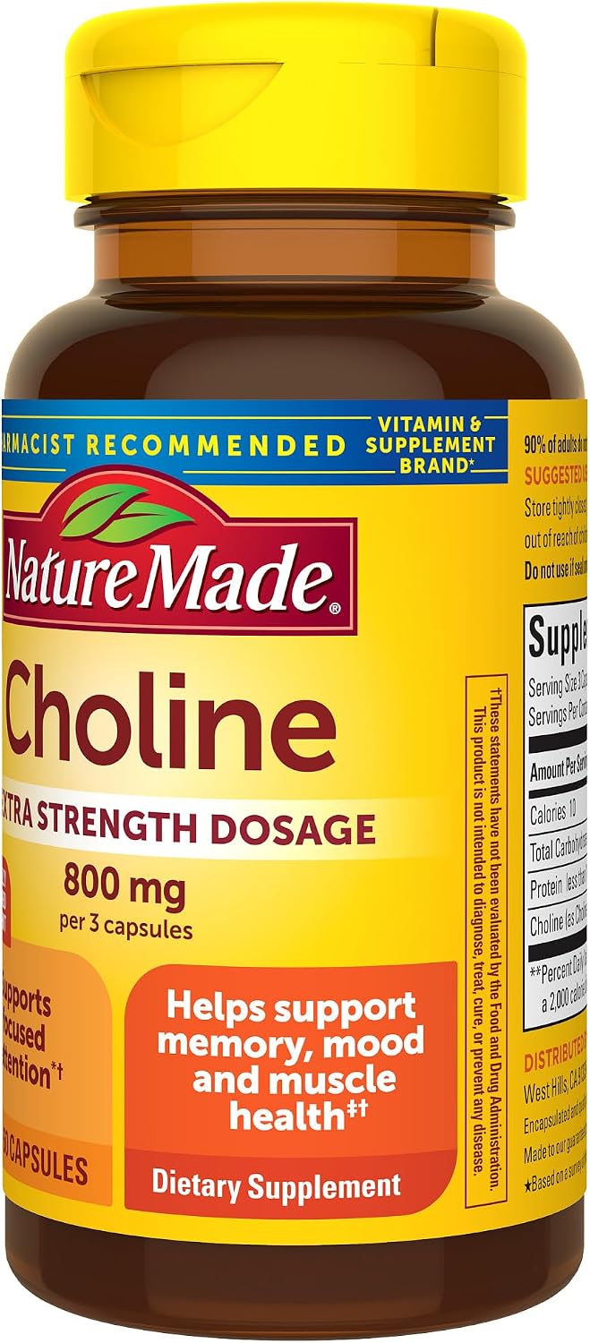 Nature Made Colina 800 mg, 60 Cápsulas - Suplemento de Colina de Alta Dosificación