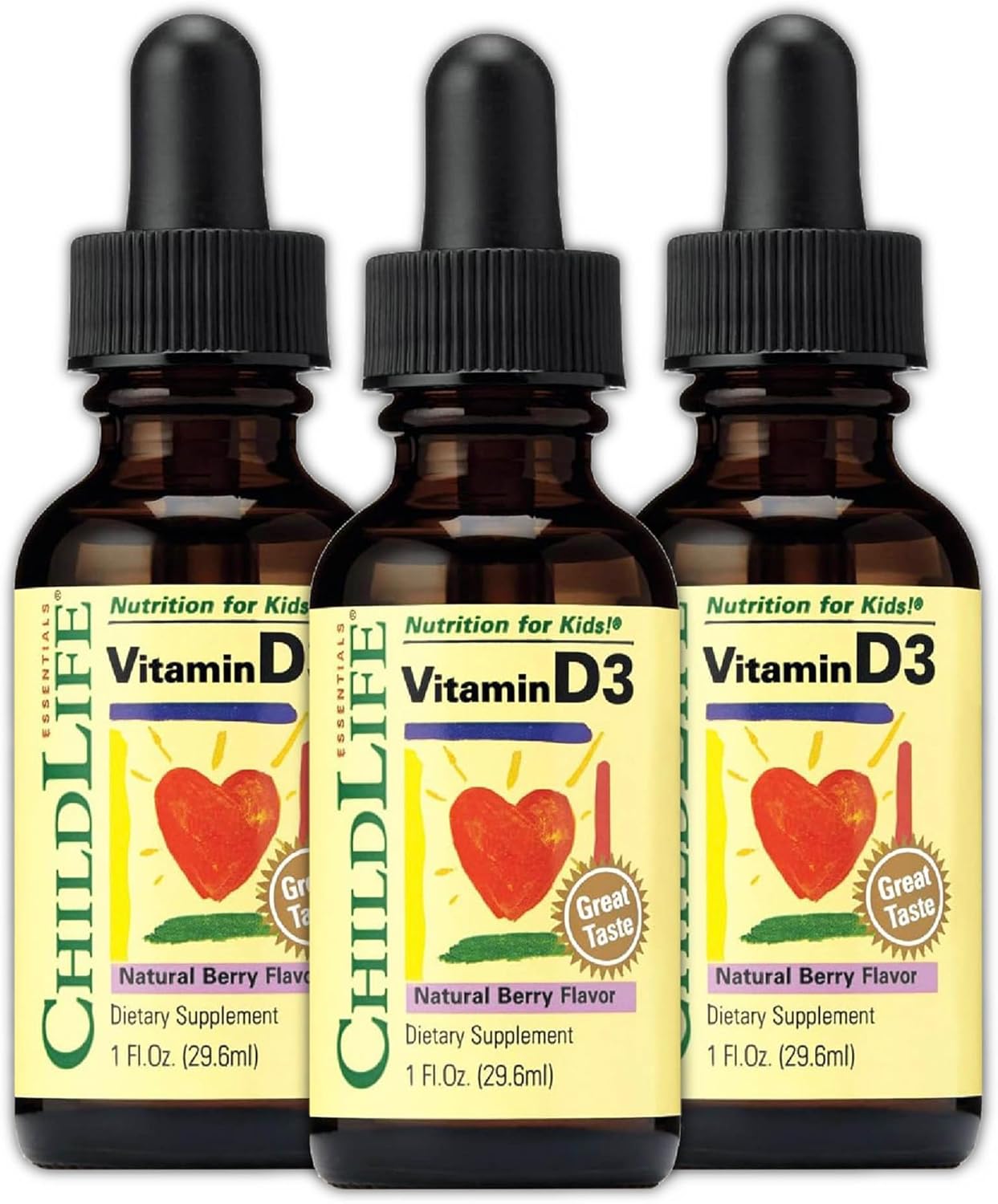 CHILDLIFE ESSENTIALS Gotas de Vitamina D3 para Bebés y Niños - 500 UI - Sabor a Bayas - 3 botellas de 30 ml