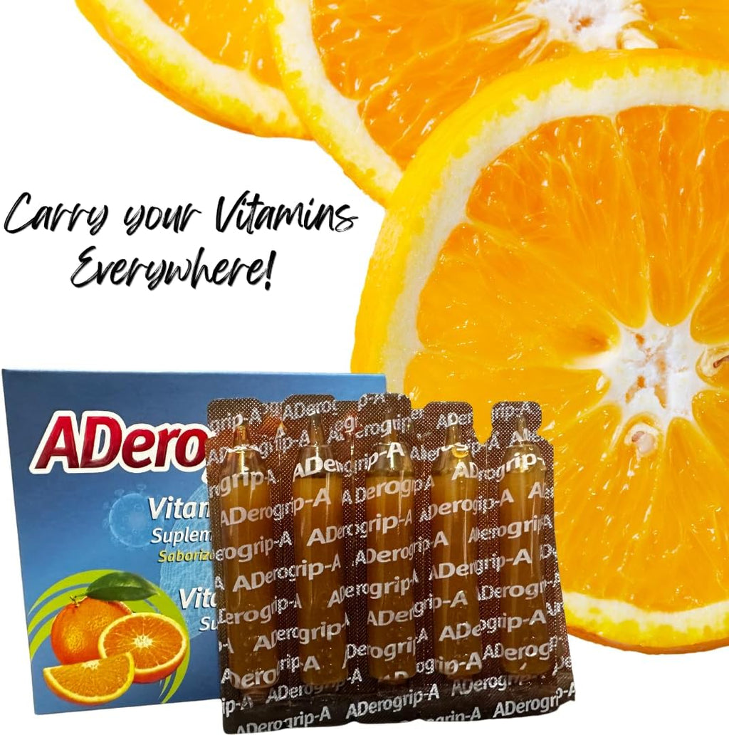 Aderogripa Immune Support Vitaminas C, A y D – 10 Ampollas de 10 ml Sabor Naranja Natural