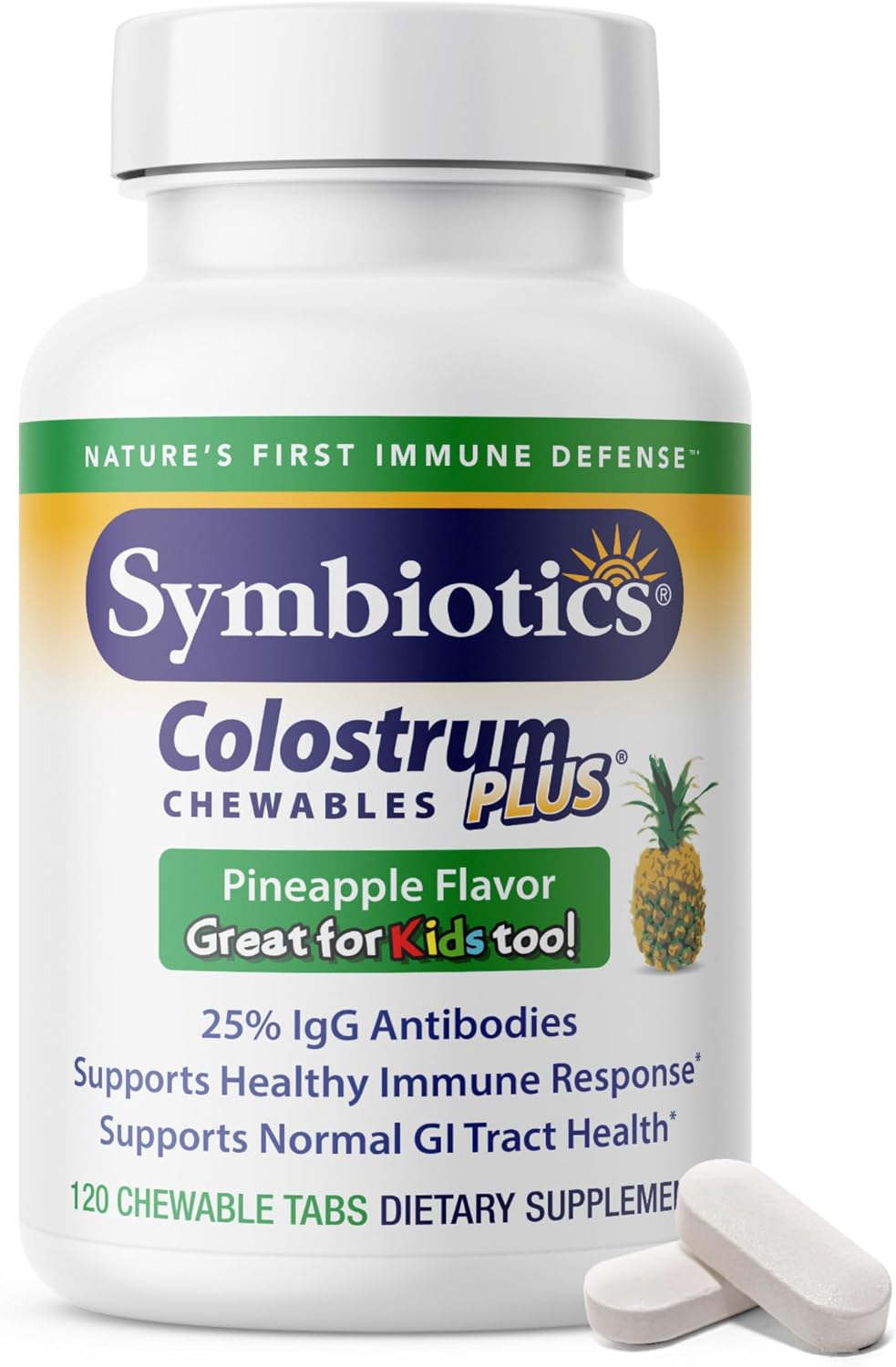 Symbiotics Naturade Calostro Masticable – Apoyo Inmunitario y Digestivo con Lactoferrina, Sin Gluten, Bajo en Azúcar (120 Comprimidos, Sabor Piña)