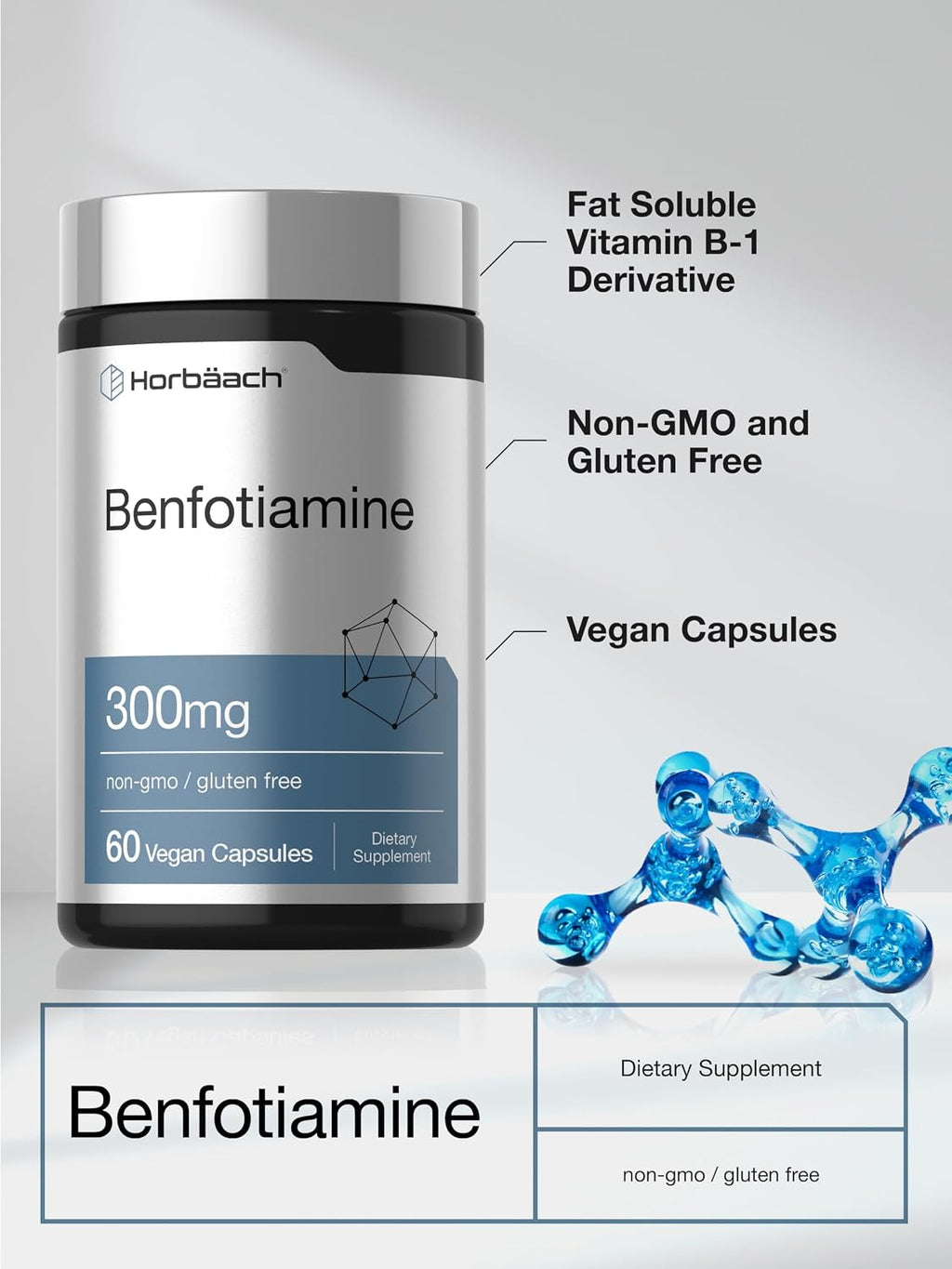 Horbaach Benfotiamina 300 mg | 60 Cápsulas | Vitamina B1 Tiamina | Sin Gluten