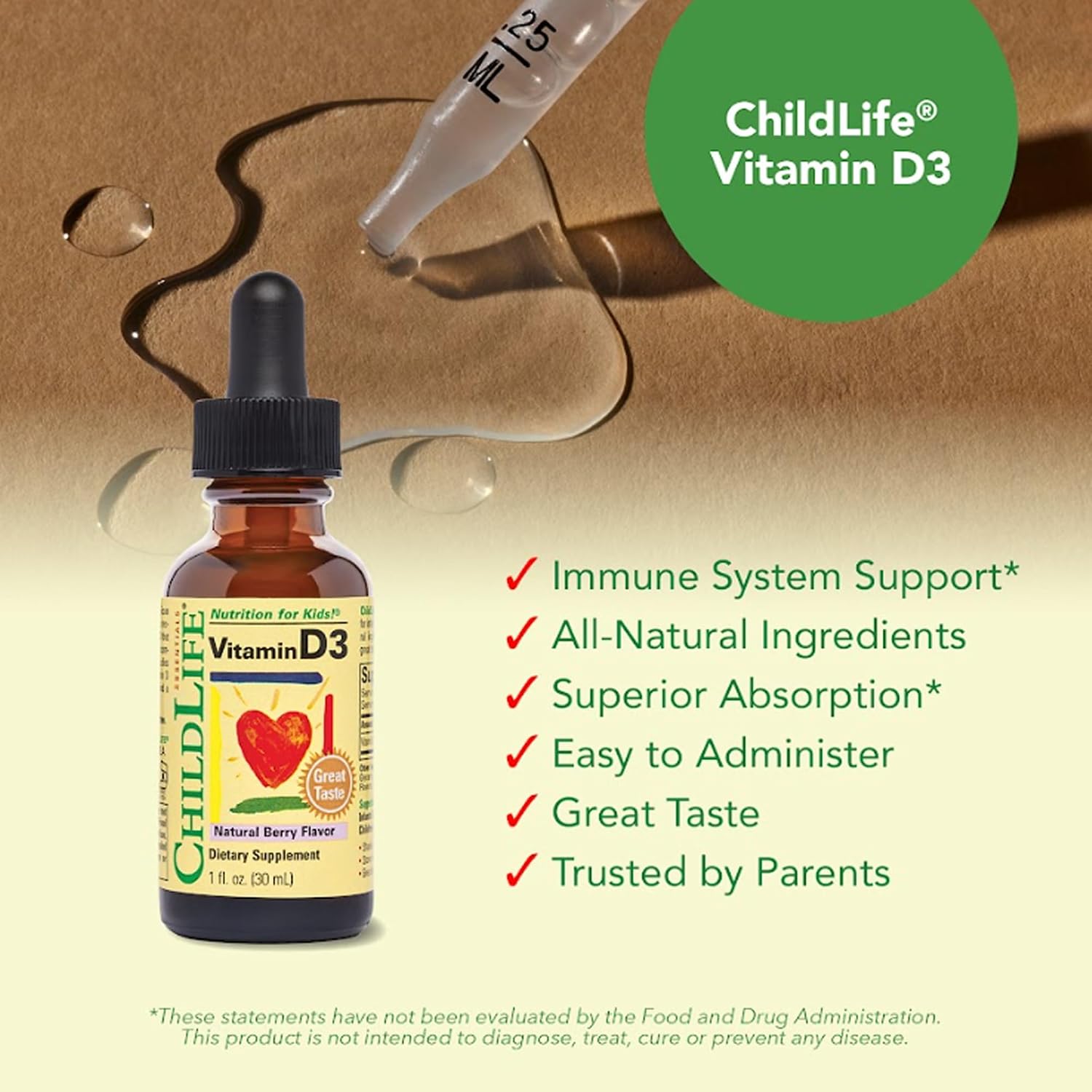 ChildLife Essentials Gotas de Vitamina D3 para Bebés y Niños - 500 UI por Dosis, Sabor Baya Natural - 30 ml