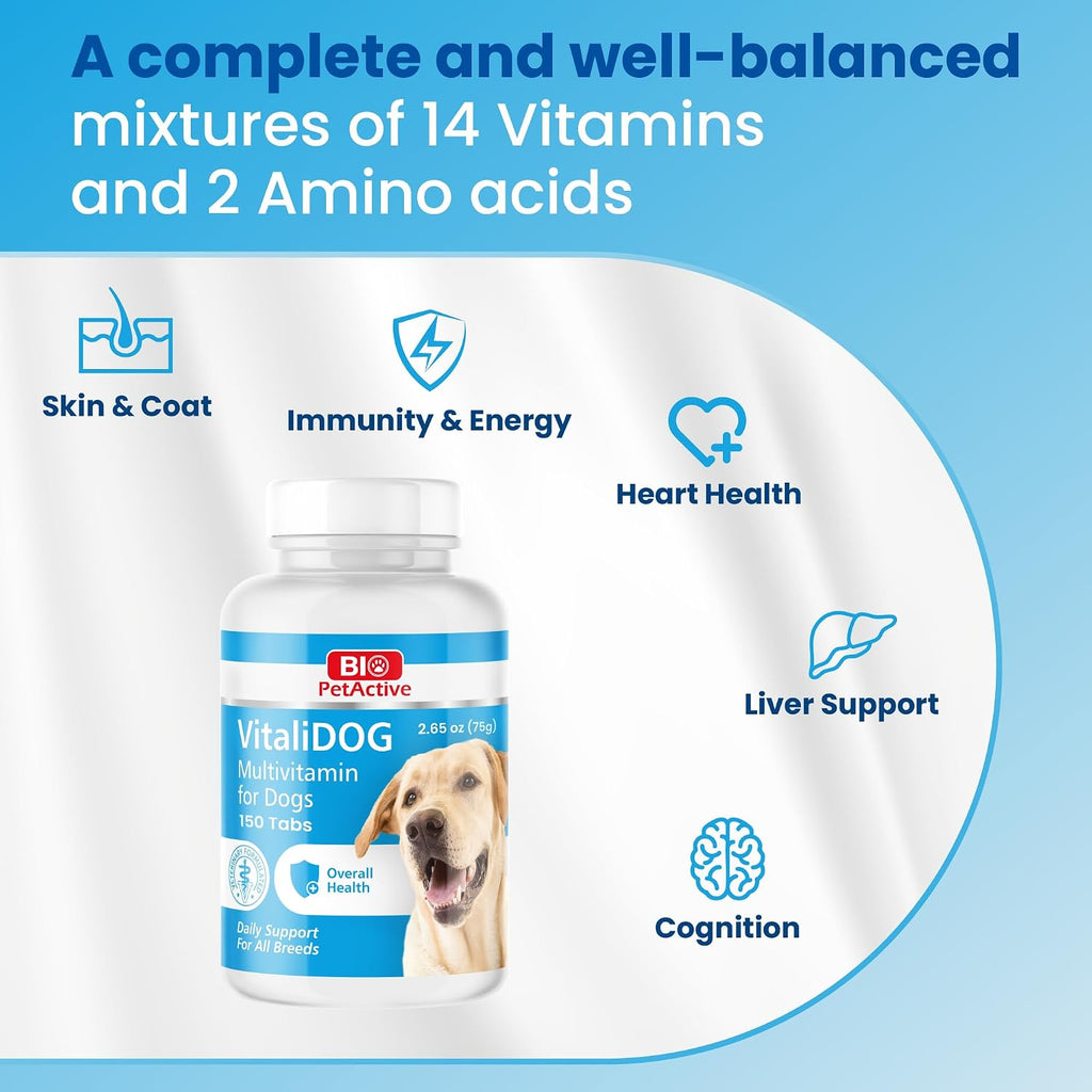 Bio PetActive VitaliDOG Chewable Multivitamin for Dogs with Biotin, Vitamins A, E, B Complex and Amino Acids - 150 Chewable Tablets