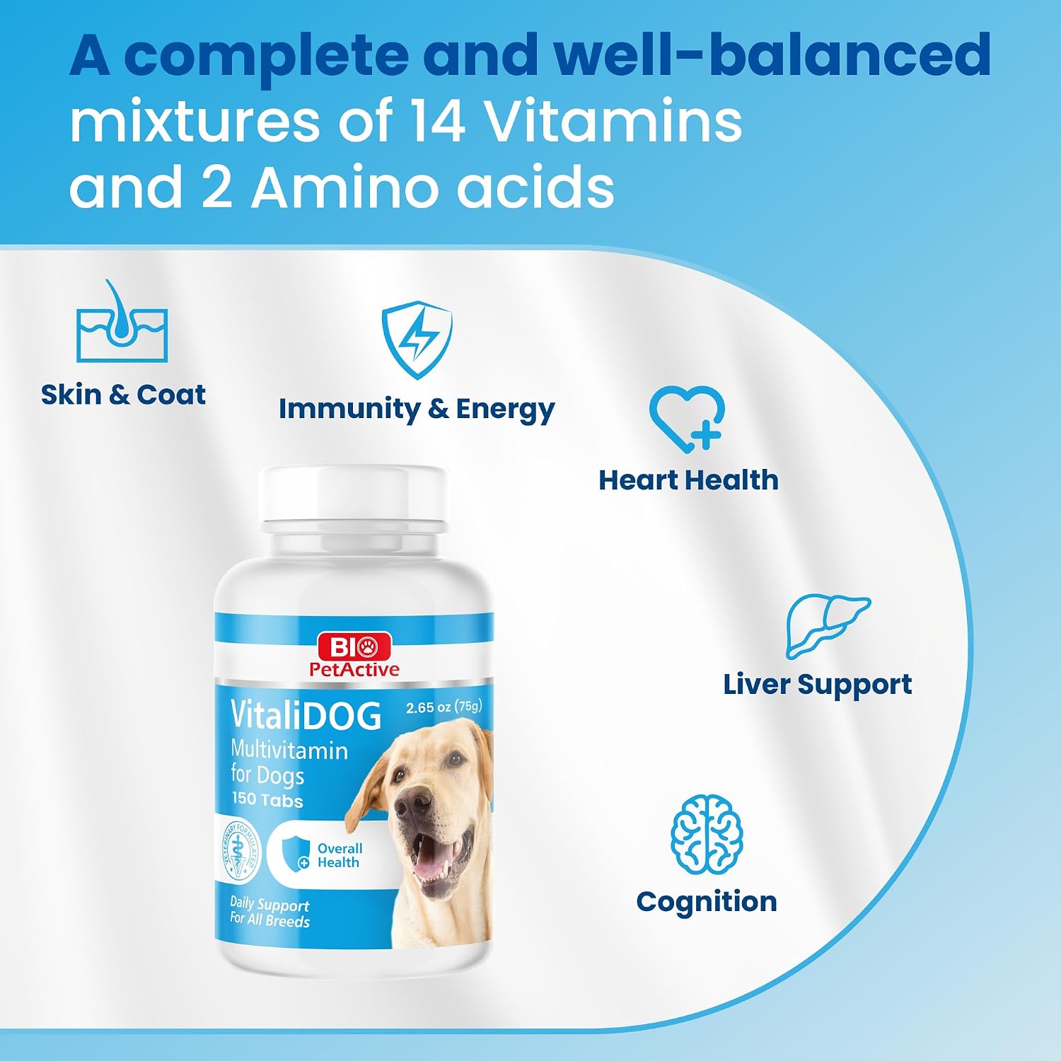 Bio PetActive VitaliDOG Chewable Multivitamin for Dogs with Biotin, Vitamins A, E, B Complex and Amino Acids - 150 Chewable Tablets
