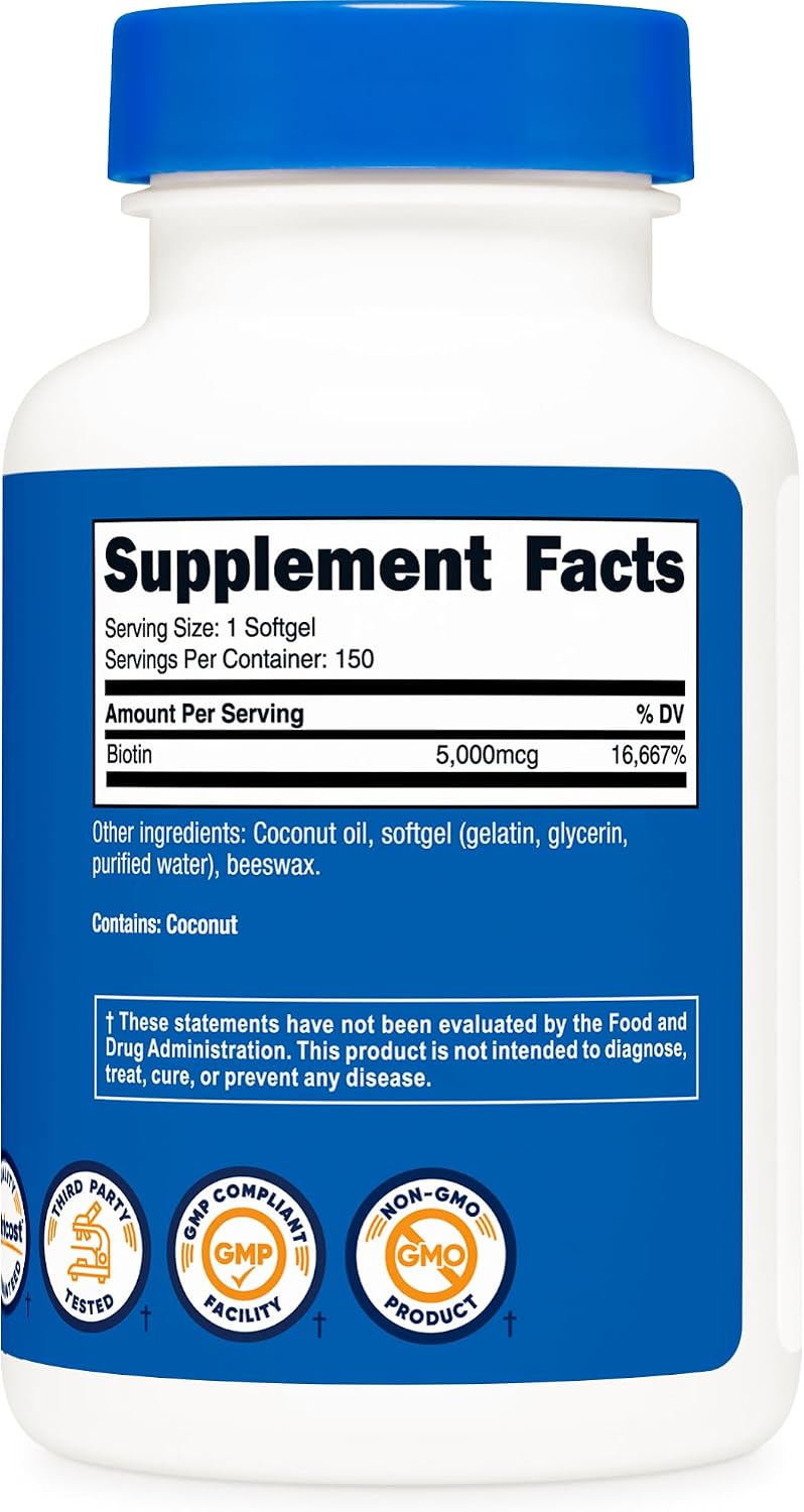 Nutricost Biotina (5000 mcg) 150 Softgels - Vitamina B7 - Sin Gluten, No Transgénico