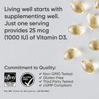 Sports Research® Vitamina D3 1000 UI con Aceite MCT de Coco - Suplemento de Alta Potencia para el Apoyo Inmune y Óseo - Sin Gluten · No-GMO · Sin Soja - 360 Cápsulas Blandas
