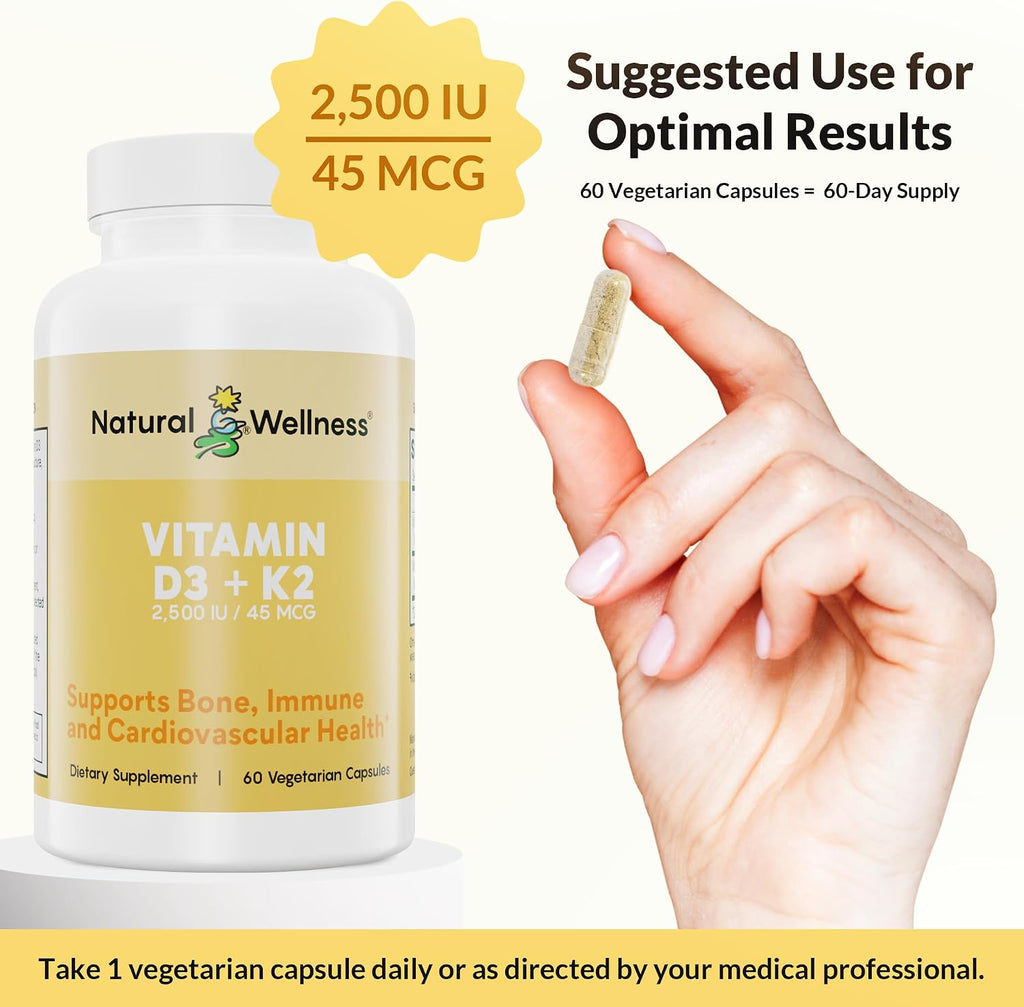 Natural Wellness Vitamina D3 + K2 2500 UI y 45 mcg MK-7 – 120 Cápsulas (2 Envases)