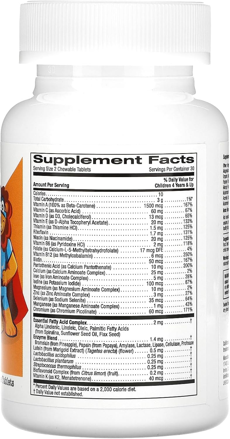 California Gold Nutrition Multivitamínico Masticable para Niños con Probióticos y Enzimas, Vitaminas A y C, Sabor a Frutas Variadas, 60 Comprimidos Vegetarianos