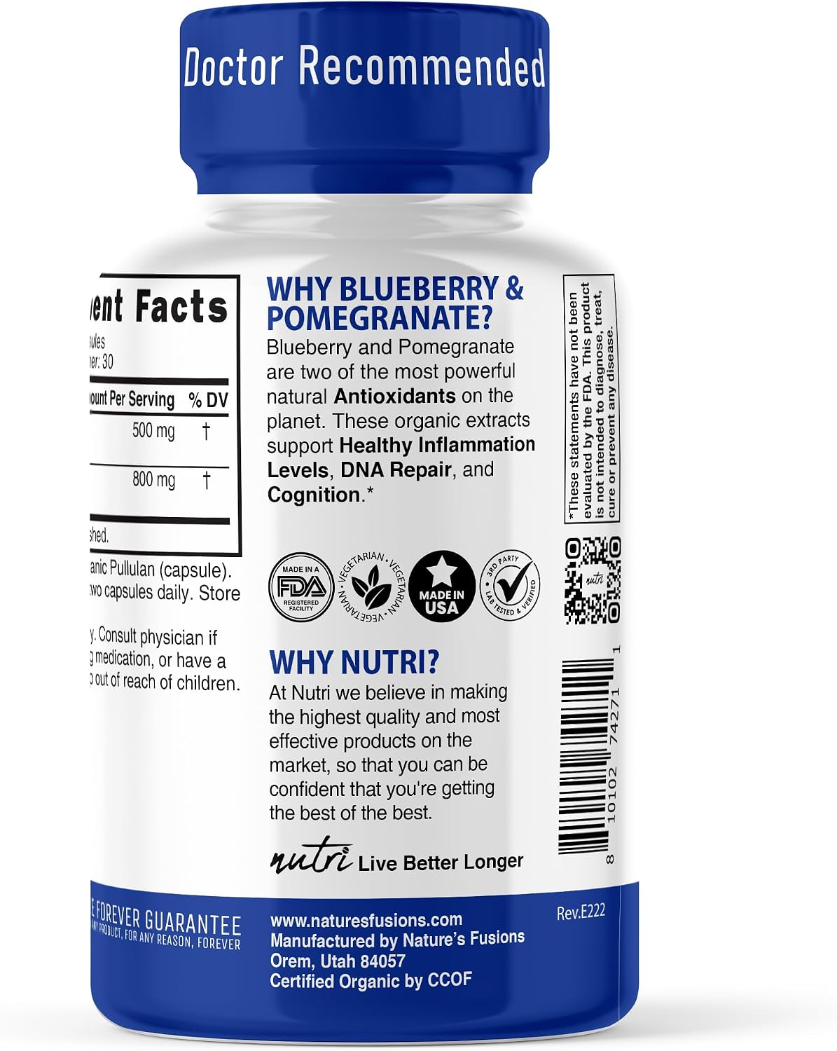Nutri Organic Blueberry Pomegranate Supplement 1300mg - 60 Cápsulas