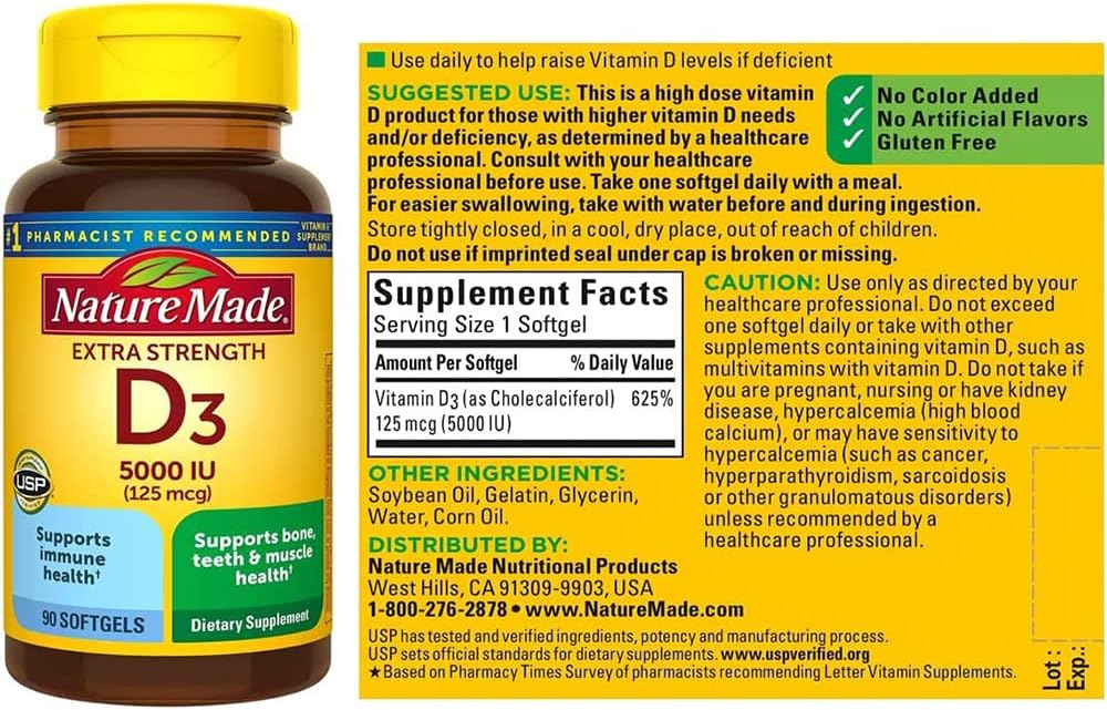 Nature Made Extra Strength Vitamina D3 5000 IU (125 mcg), 90 cápsulas blandas