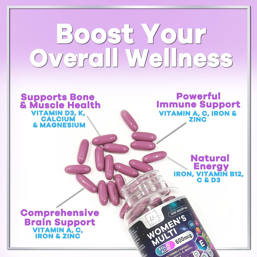 Multivitamínico para Mujeres - Completo Diario con Biotina, Calcio, Ácido Fólico, Hierro, Zinc, Vitaminas A, C, D, E y B - Suplemento para Piel, Cabello y Uñas - 60 Cápsulas Blandas