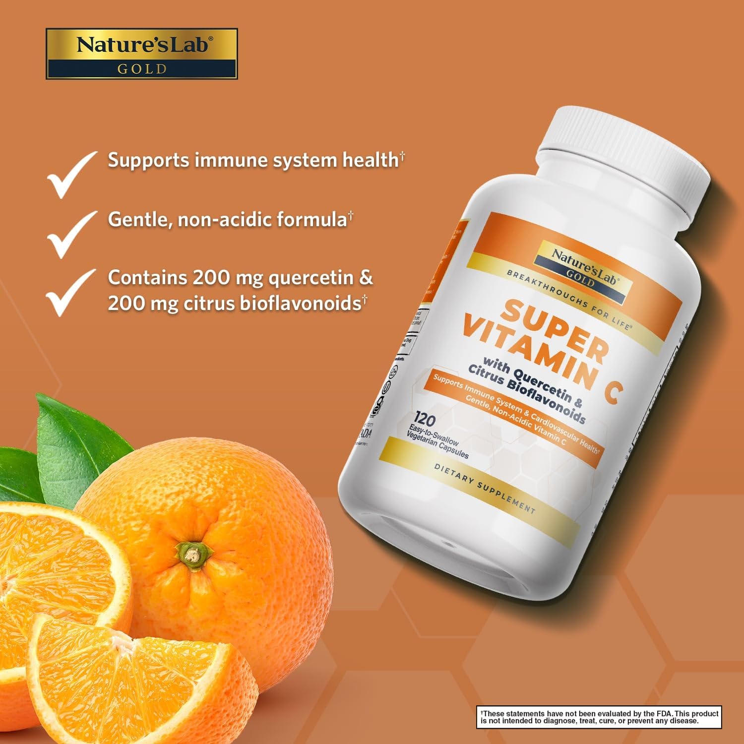 Nature's Lab Gold Super Vitamina C 1000mg – Complejo de Bioflavonoides y Quercetina – Cápsulas No Ácidas – 120 Cápsulas (2 Meses)