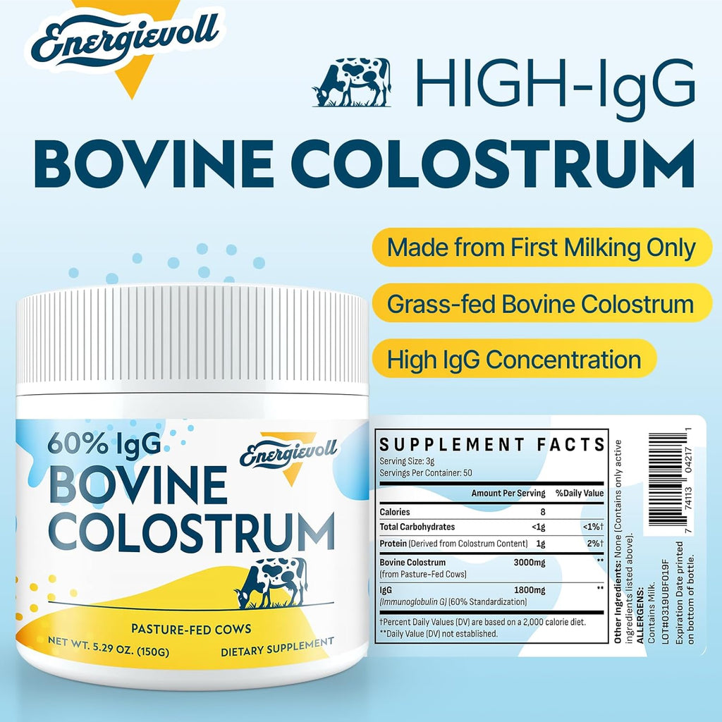 Energievoll Polvo de Calostro Bovino - 60% IgG 3000 mg - Sin Sabor - 50 Dosis