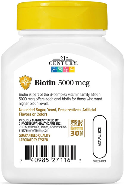 21st Century Biotina 5000 mcg, 110 Cápsulas – El mantenimiento de las membranas mucosas en condiciones normales. – Image 4