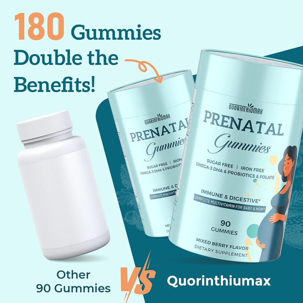 Quorinthiumax Gominolas Prenatales Sin Azúcar con DHA y Probióticos - 180 uds (2 Envases)