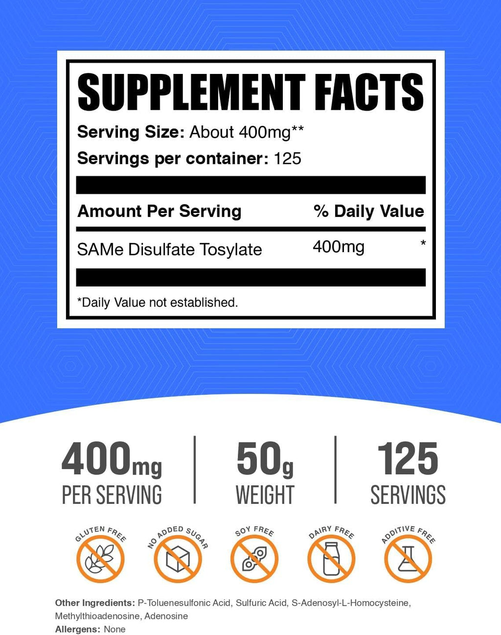 BulkSupplements.com SAM-e en Polvo - S-Adenosil-L-Metionina 400mg por dosis, 50g