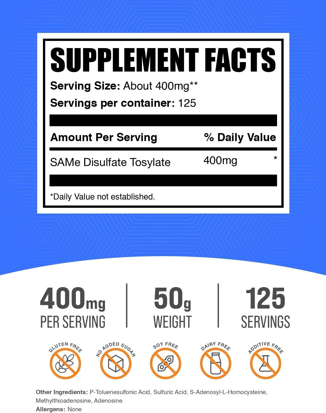 BulkSupplements.com SAM-e en Polvo - S-Adenosil-L-Metionina 400mg por dosis, 50g