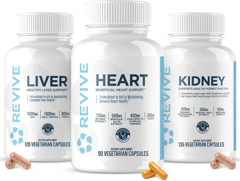 Pack de salud orgánica Revive MD para corazón, riñones e hígado – Apoyo diario con ingredientes naturales – Vegano, sin gluten y sin soja – 45 dosis + 30 dosis (x2)