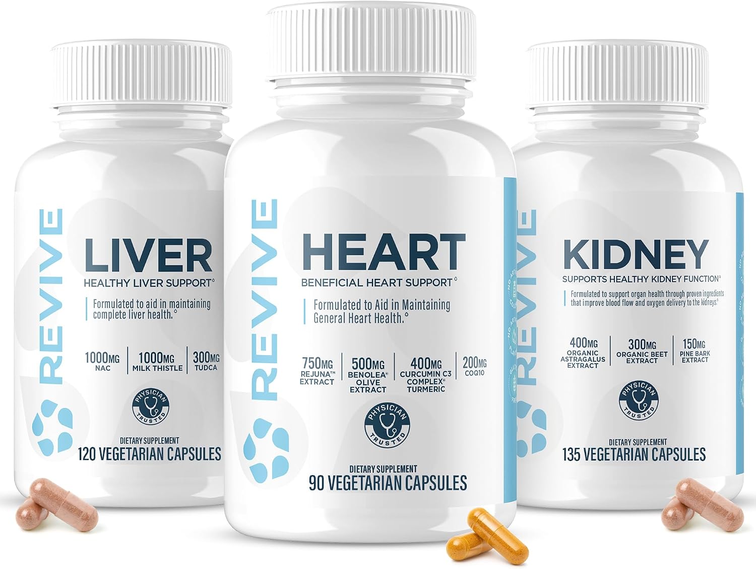 Pack de salud orgánica Revive MD para corazón, riñones e hígado – Apoyo diario con ingredientes naturales – Vegano, sin gluten y sin soja – 45 dosis + 30 dosis (x2)