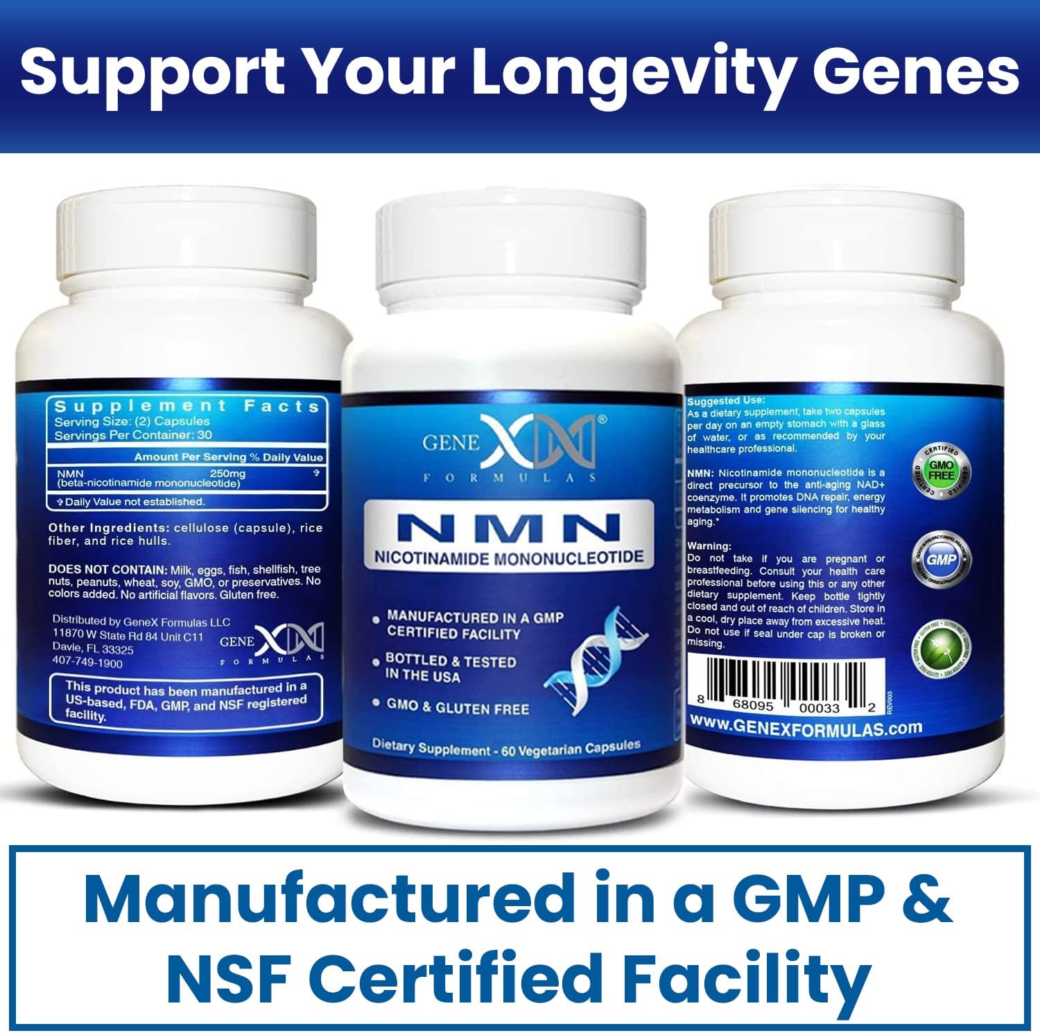 Genex Formulas NMN 250mg (3 Paquetes) - Cápsulas de Mononucleótido de Nicotinamida, 99% Puro, 90 Días de Suministro