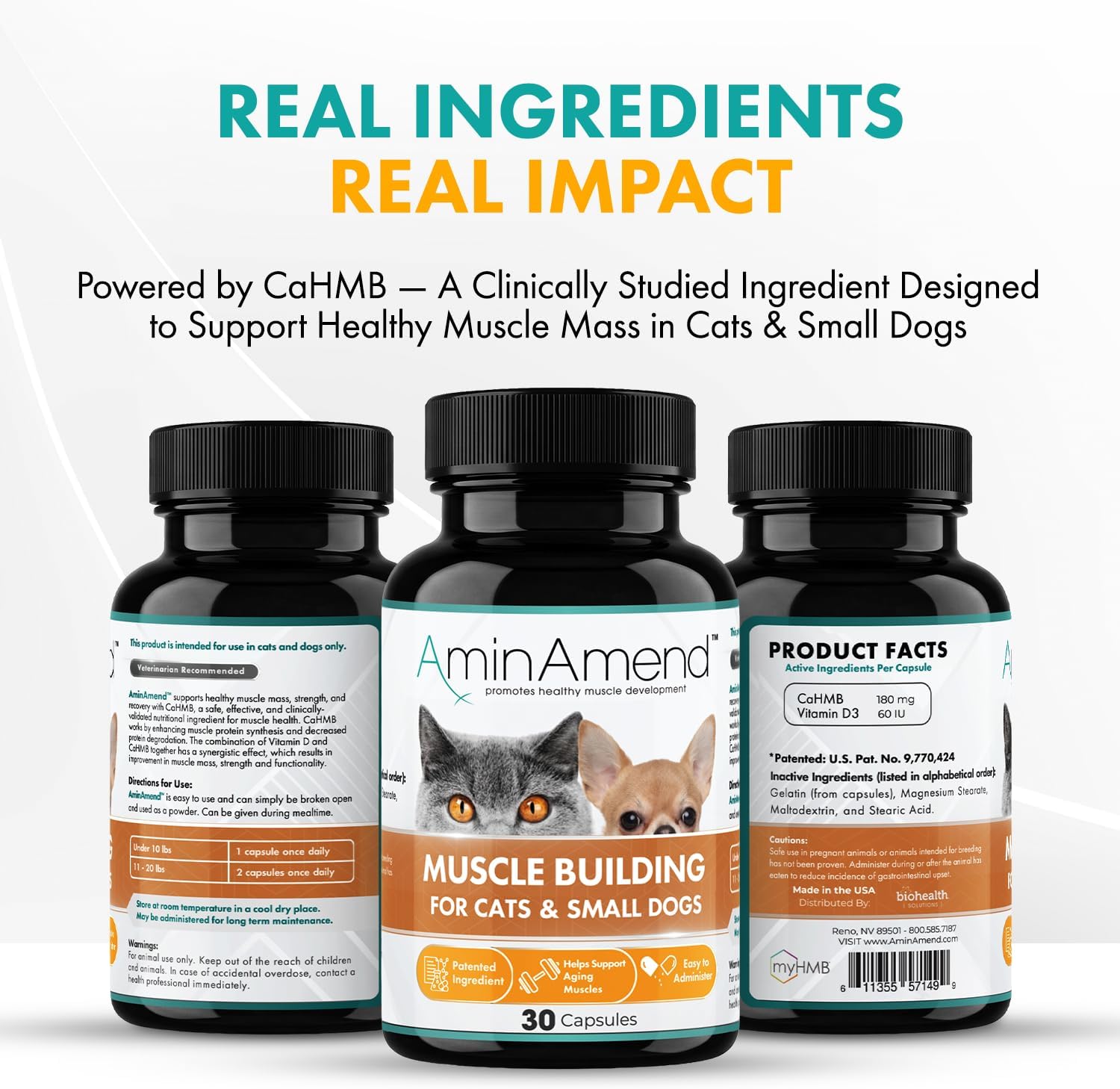 AminAmend Suplemento Muscular para Perros y Gatos Pequeños con CaHMB y Vitamina D3 - 30 Cápsulas