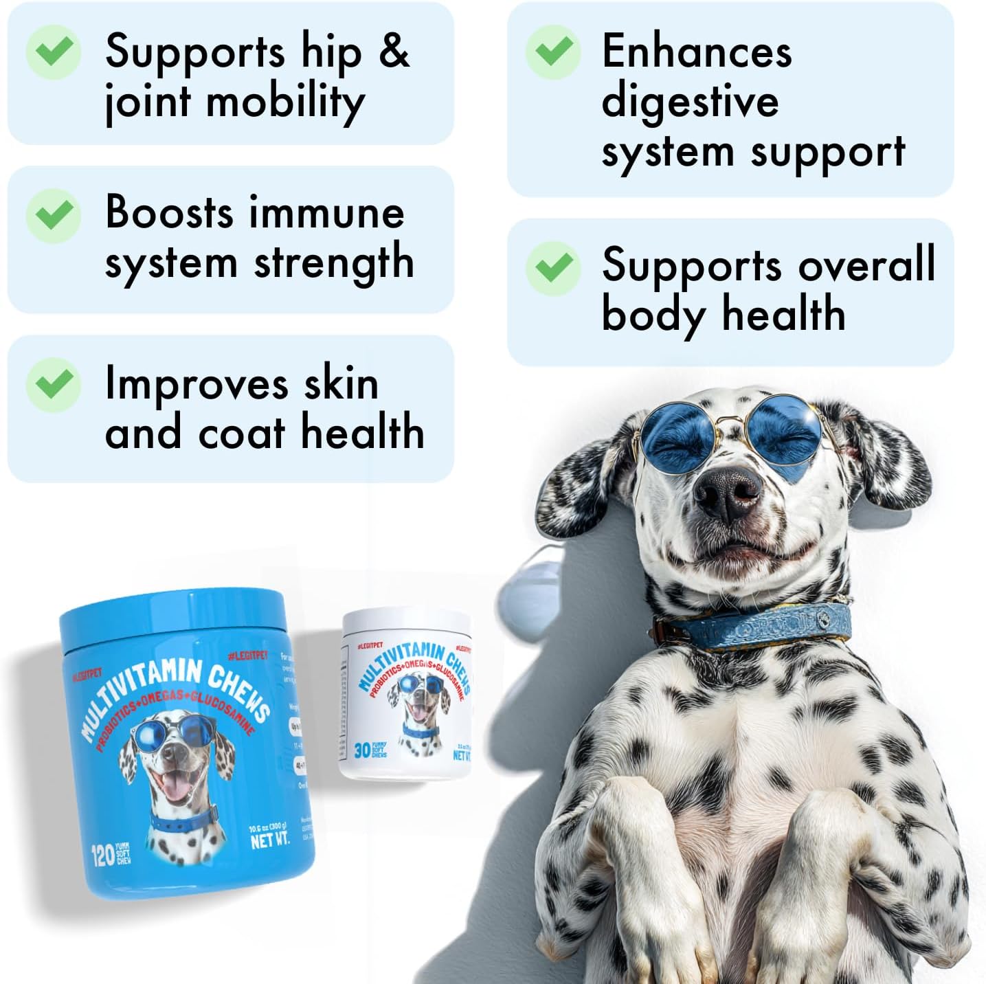 LEGITPET Multivitaminas para Perros - 30 Masticables con Glucosamina, Condroitina, Probióticos y Omega-3