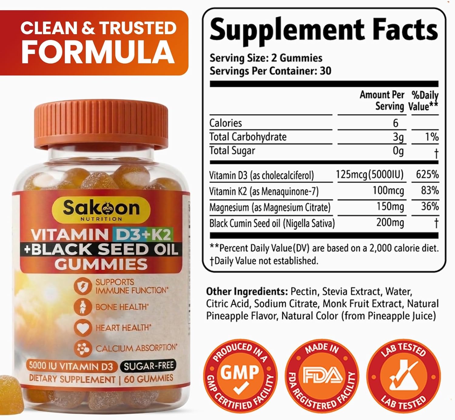 Sakoon Vitamin D3 K2 Gummies 5000 UI con Aceite de Semilla Negra para Mujer y Hombre
