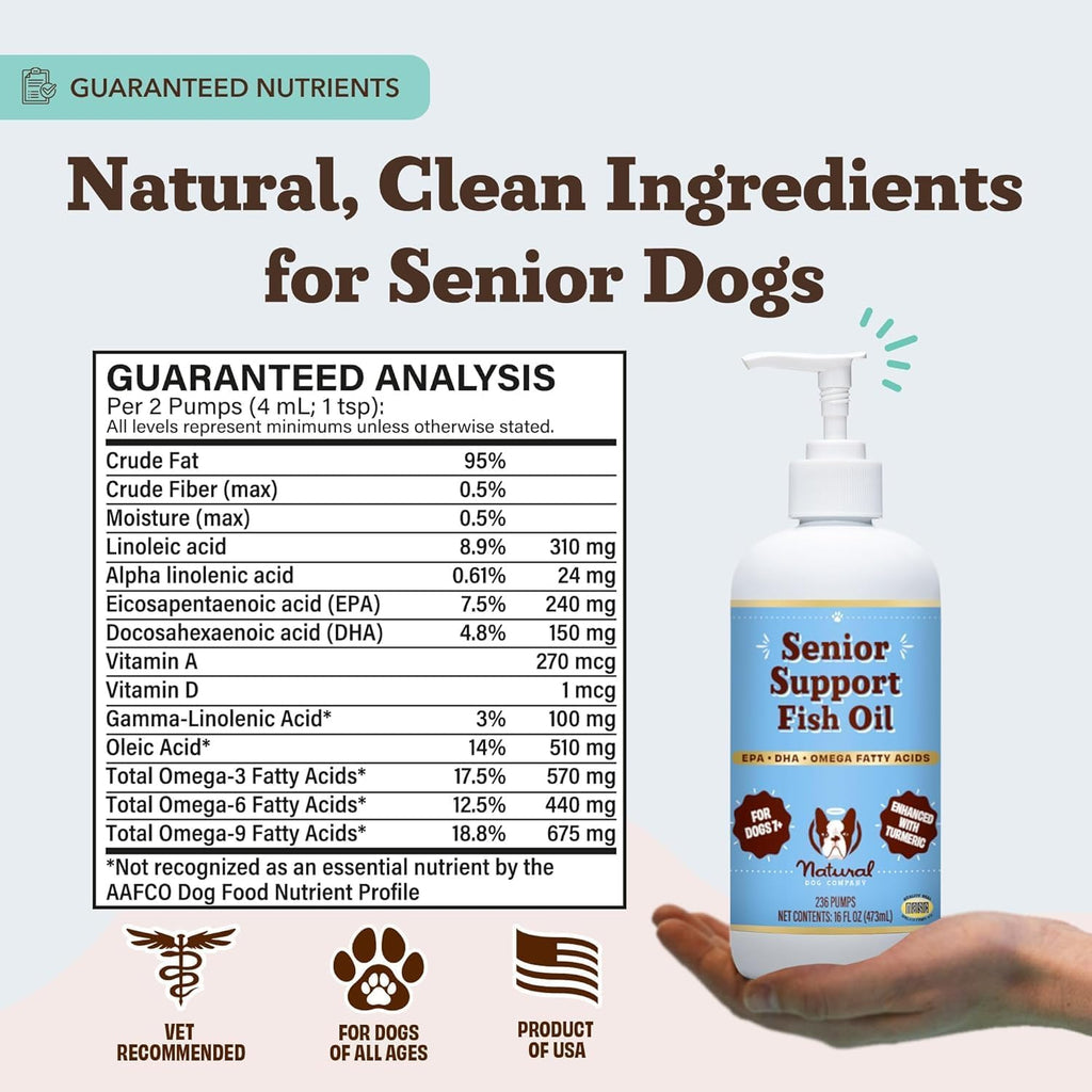 Natural Dog Company Aceite de Pescado Omega 3 para Perros Senior – Con Cúrcuma y Aceite de Salmón, Apoyo a la Movilidad, Piel y Pelaje, 473 ml