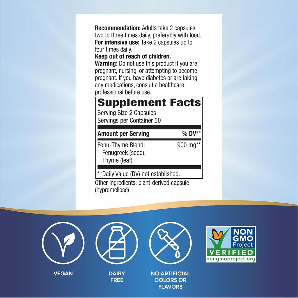 Nature's Way Premium Blend Fenu-Thyme, 900 mg por dosis, 100 cápsulas vegetales
