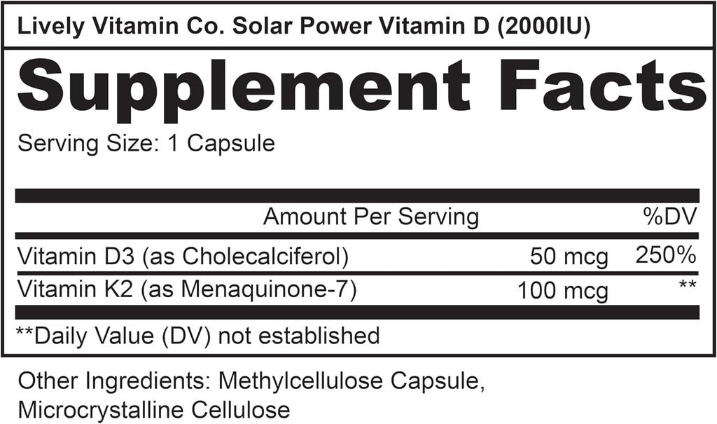 Solar Power Vitamina D3 2000 UI + K2 MK-7 (MenaQ7) – 180 comprimidos