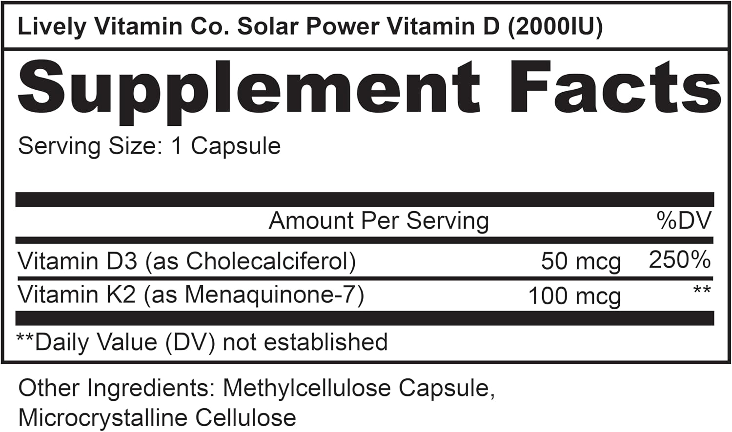 Solar Power Vitamina D3 2000 UI + K2 MK-7 (MenaQ7) – 180 comprimidos