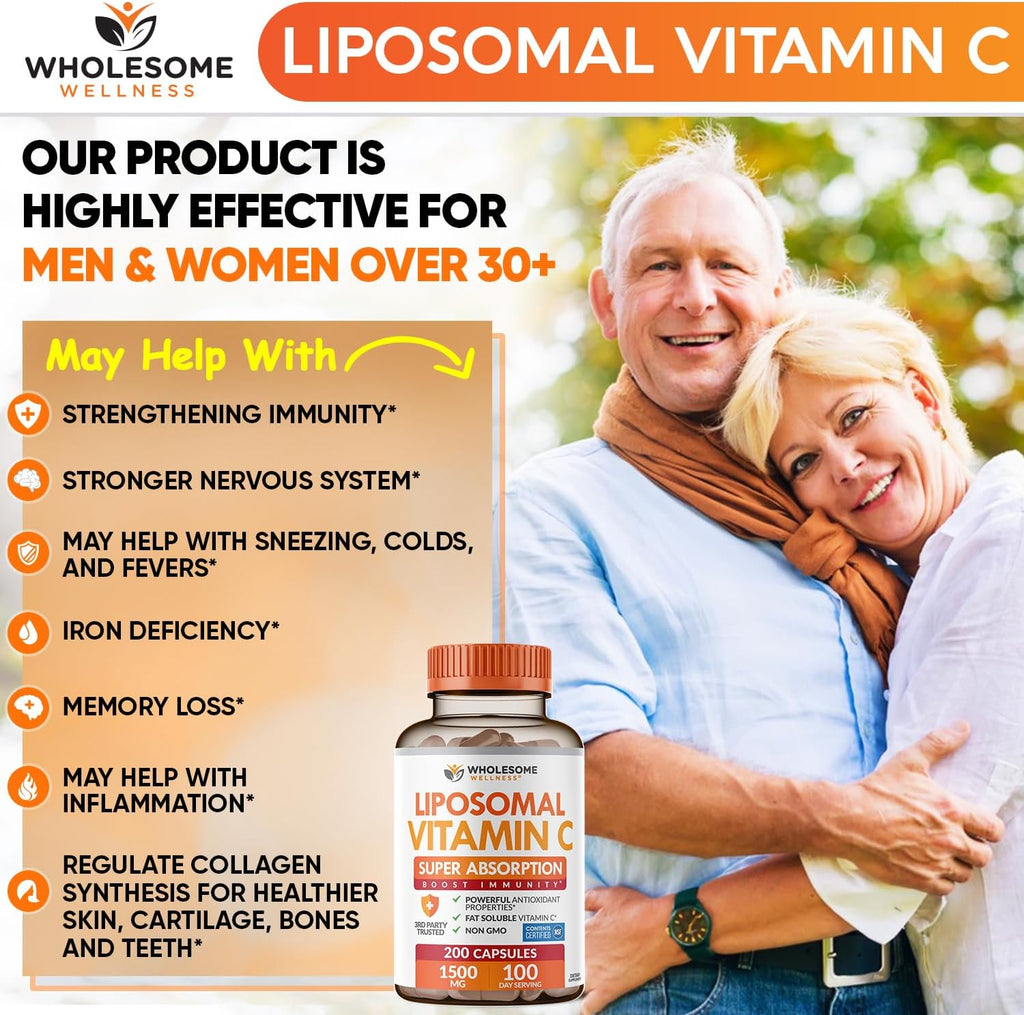 Wholesome Wellness Cápsulas de Vitamina C Liposomal (200 cápsulas, 1500 mg por dosis) Alta Absorción, Sin OGM, Vegano