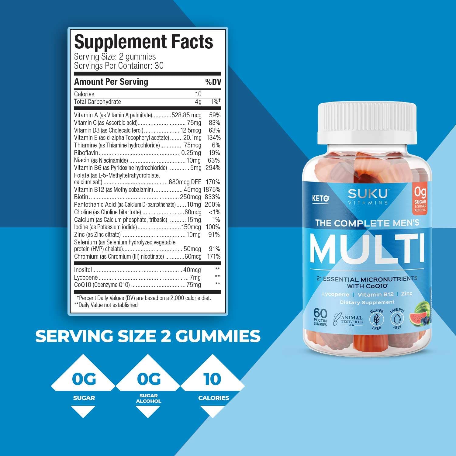 SUKU Multivitamínico Diario Gomitas Hombre - Sin Azúcar, Vegano, 60 uds