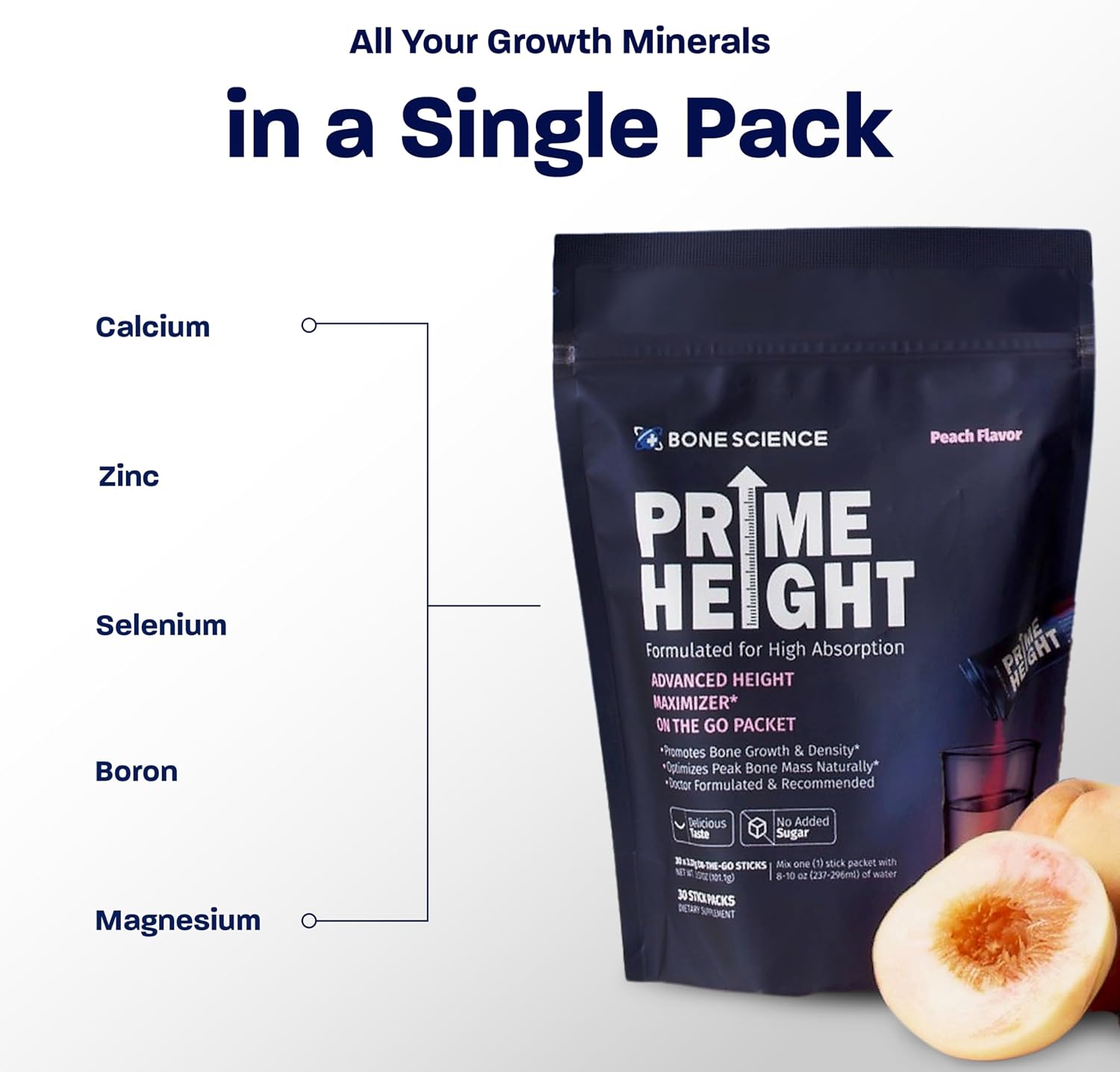 BONE SCIENCE Primeheight Multivitamínico en Polvo para Niños y Adolescentes - Sin Azúcar, Sabor Melocotón, 30 Sticks