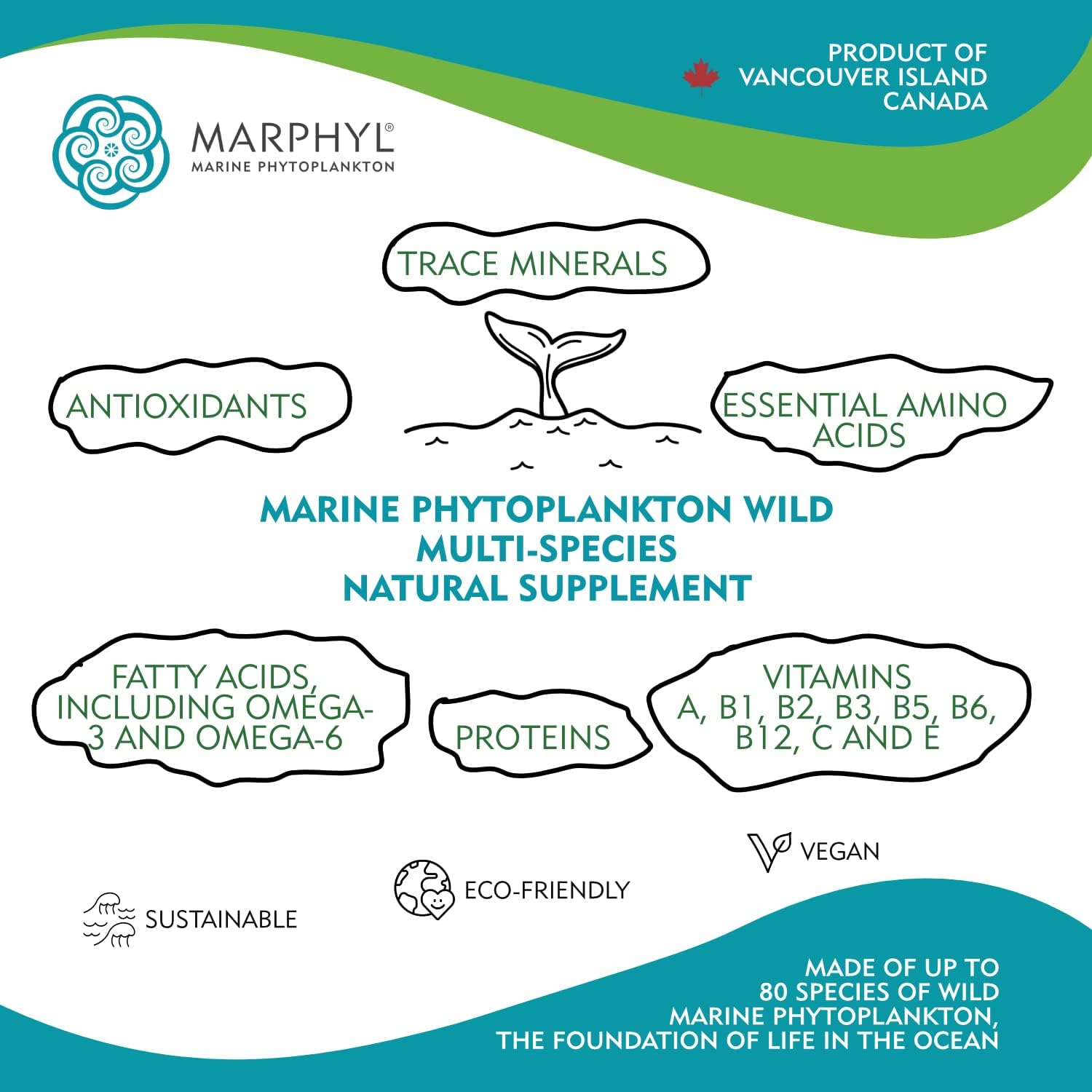 MARPHYL Marine Phytoplankton Wild Multi Species Natural Supplement - 150 mg per Capsule - Organic - 30 Vegan Capsules - from Vancouver Island, Canada