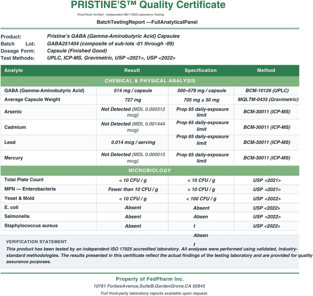 PRISTINE'S GABA 500mg - Apoyo al Sueño y Relajación - 180 Cápsulas