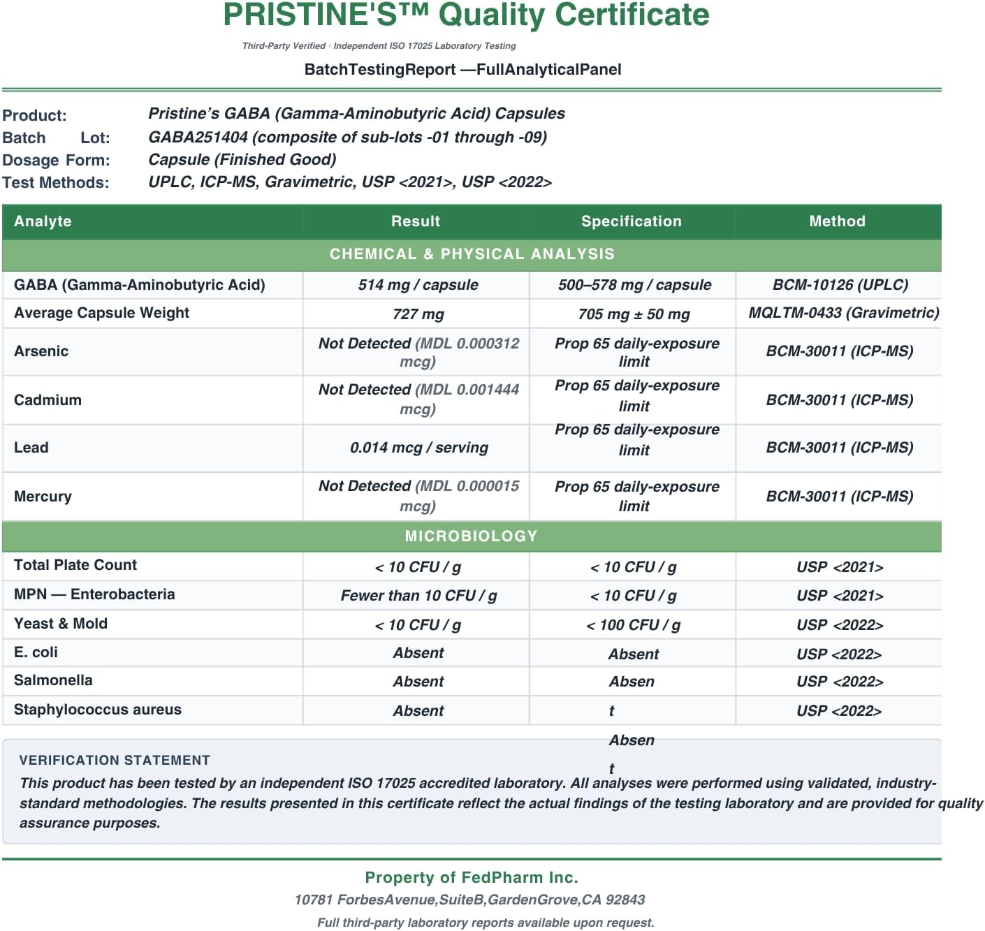 PRISTINE'S GABA 500mg - Apoyo al Sueño y Relajación - 180 Cápsulas