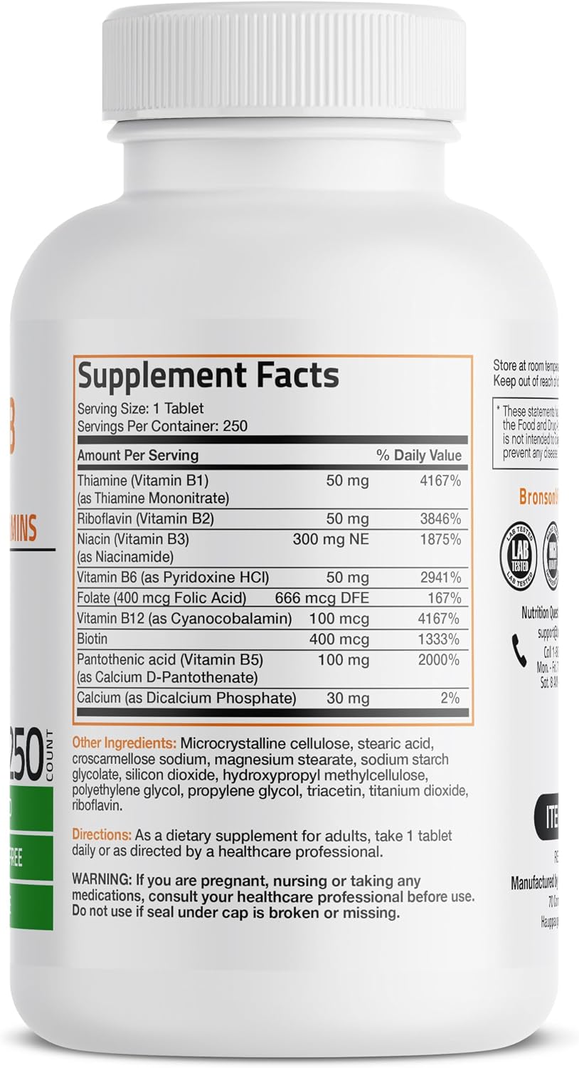 Bronson Complejo B - Vitaminas B1, B2, B3, B6, B9 (Ácido Fólico) y B12 - 250 Tablets